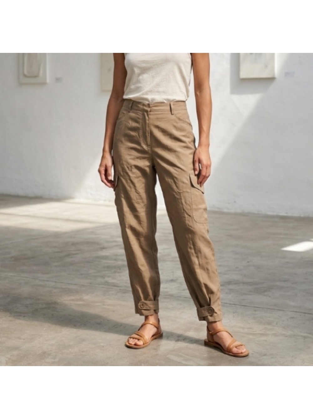 Max Studio High Rise Cargo Trousers Size 10 Tan Ankle Detail Lightweight